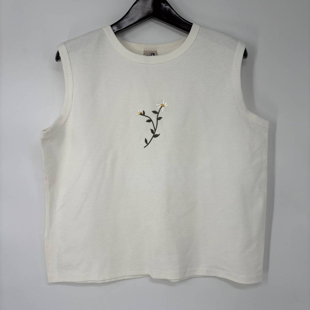 Vintage Cal Cru Off White Daisy Embroidered Slub Cotton Knit Top XL Made in USA‎